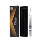 Professional straight eyelash extension tweezers with Zenith branded packaging
