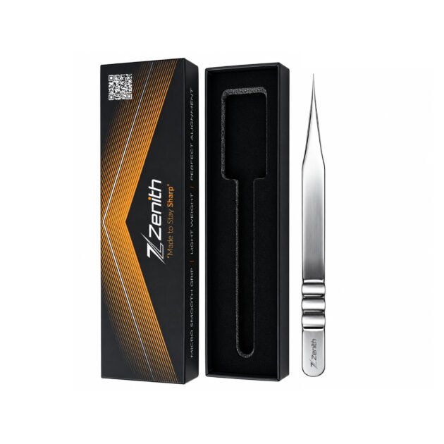Professional straight eyelash extension tweezers with Zenith branded packaging