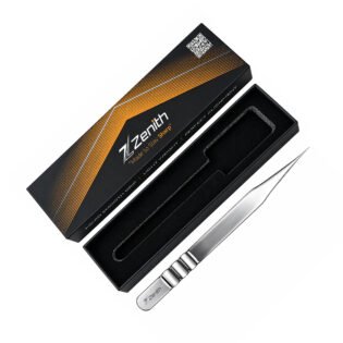 Professional straight eyelash extension tweezers with Zenith branded packaging