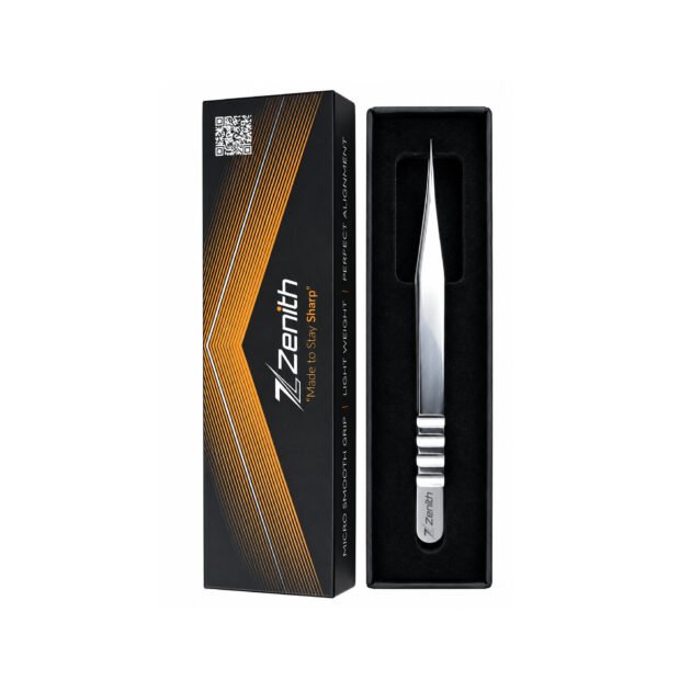 Professional straight eyelash extension tweezers with Zenith branded packaging
