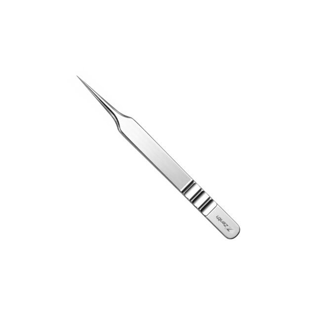 Zenith Plus fine point eyelash isolation tweezers with black branded packaging