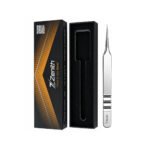 Zenith Plus fine point eyelash isolation tweezers with black branded packaging