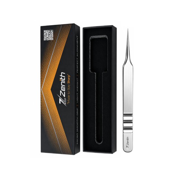Zenith Plus fine point eyelash isolation tweezers with black branded packaging