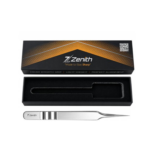 Zenith Plus fine point eyelash isolation tweezers with black branded packaging
